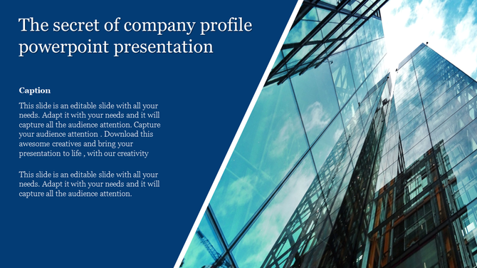 Modern company profile slide with a blue theme and an image of glass skyscrapers reflecting the sky.