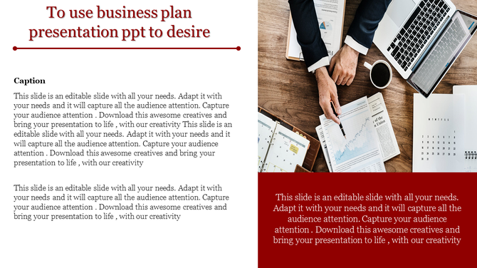 Business plan presentation slide features text on the left and an image of a workspace with charts and a laptop on the right.