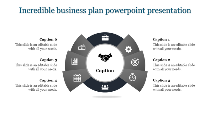 Business plan PowerPoint slide featuring a grayscale circular infographic with six sections and a central handshake icon.