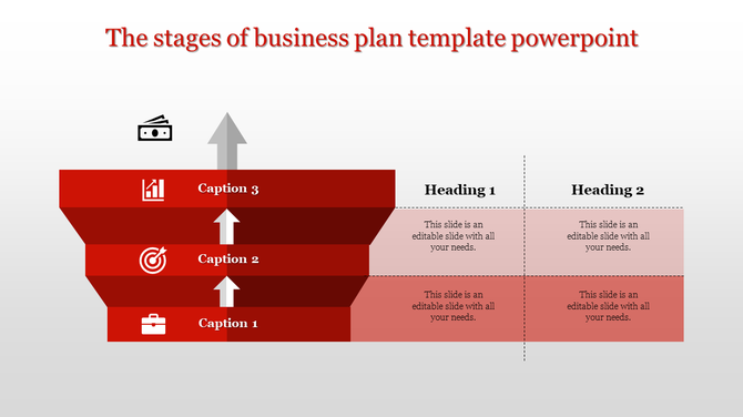 Business plan slide showing three red layered sections with arrow leading upward, and two columns for text on the right.