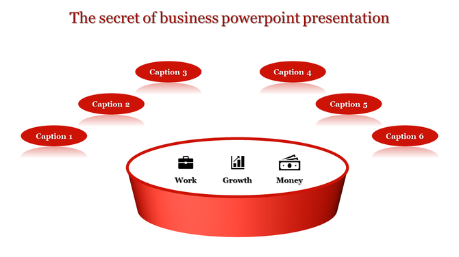 Creative business slide design with six red captions positioned around a central circular platform with business icons.