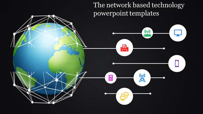 Globe with network lines connected to technology icons on the right, symbolizing global connectivity on a black background.