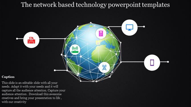 Global network visualization with icons for devices, printer, and connectivity on a dark background with captions.