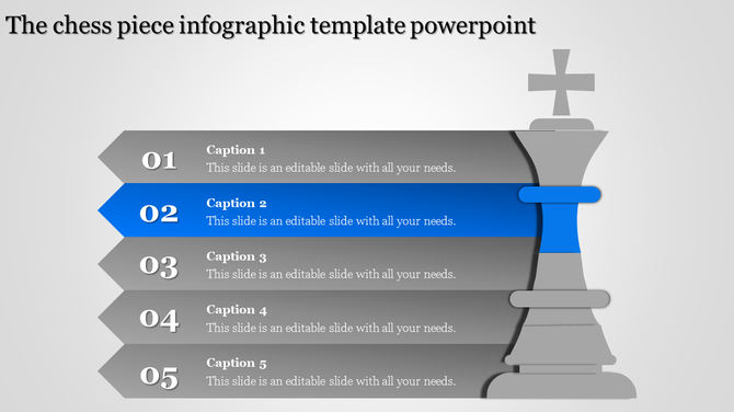 Chess piece infographic PowerPoint template with five sequential captions, highlighting the second step in vibrant blue.
