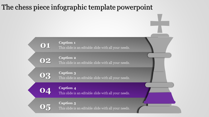 Infographic slide featuring a chess piece and five sequential captions, with step 4 highlighted in purple for focus.