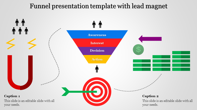 Funnel PPT template showing stages of awareness, interest, decision, and action with a lead magnet illustration and captions.