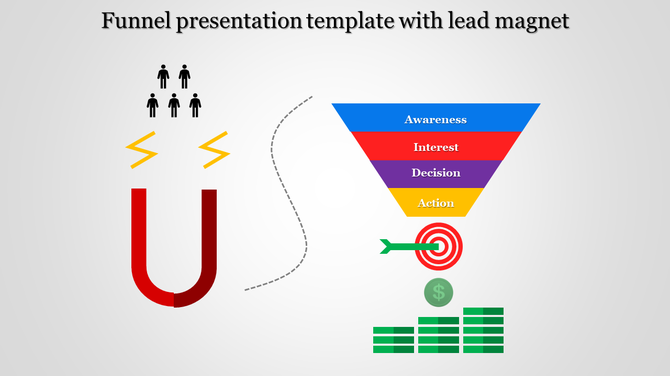 Illustration of a lead generation process featuring a magnet, sales funnel, and conversion with a dollar symbol.
