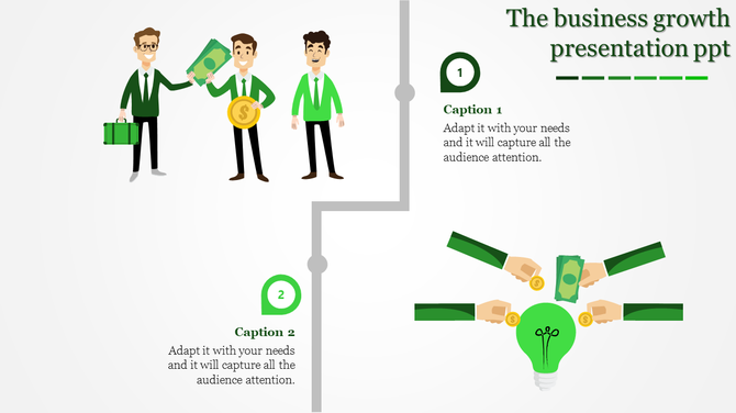 PowerPoint slide featuring businessmen exchanging money, symbolizing financial growth and collaboration in business.