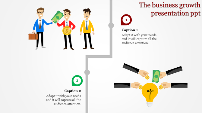 Two section slide showing businesspeople exchanging money and another depicting hands contributing money to a lightbulb.