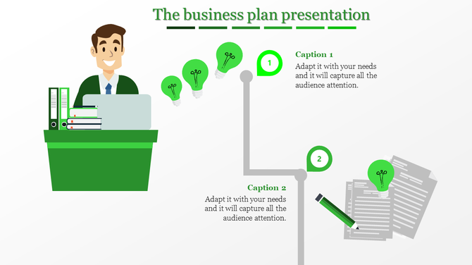 Business plan slide with a smiling man at a desk, green lightbulbs, and two captions connected by a gray line.