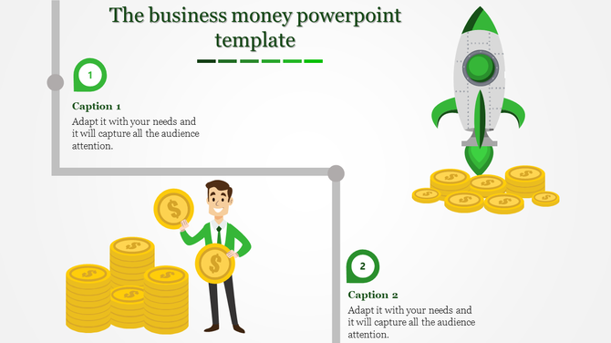 A business themed slide featuring a smiling man holding a gold coin, stacks of money, and a green rocket symbolizing growth.