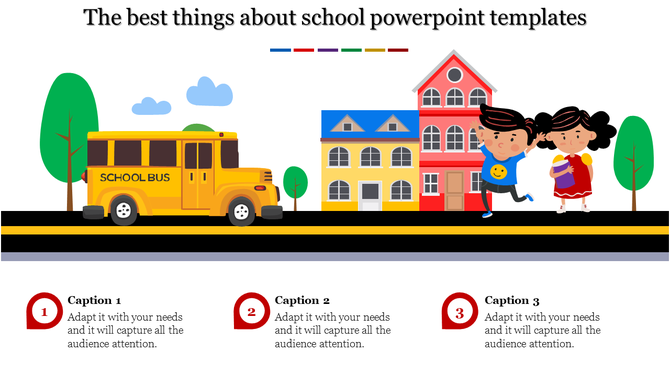 A cheerful illustration of a yellow school bus near a school building with children running and holding books with captions.