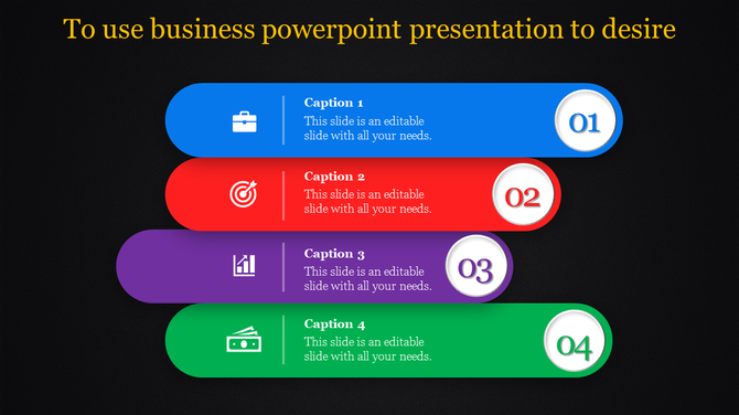 Four step colorful business PPT slide with captions and icons for briefcase, target, graph, and money with placeholder text.