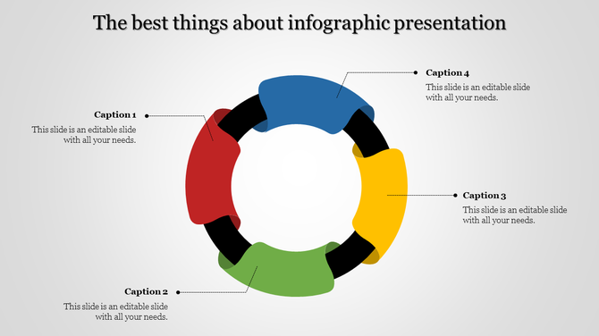 Infographic presentation slide featuring a colorful circular diagram with four sections and captions for descriptions.
