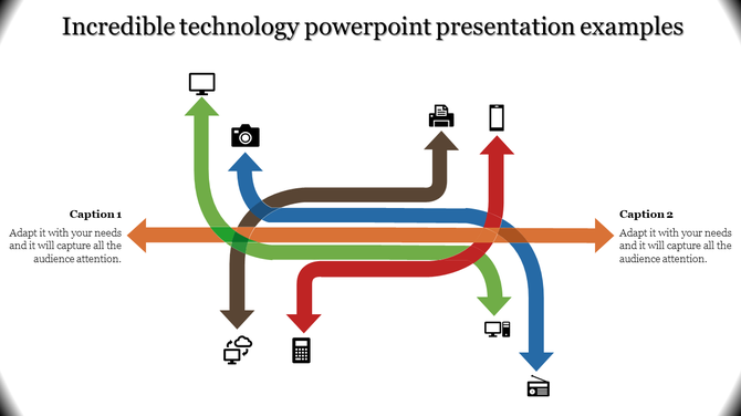 Technology themed PowerPoint slide featuring intersecting colored arrows connecting icons for various devices and systems.