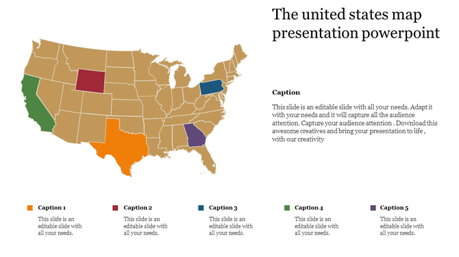 United States map presentation slide featuring highlighted states in different colors and captions below.