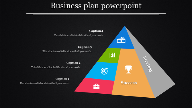 Business plan PowerPoint template featuring a multi colored pyramid diagram labeled with success, strategy, and captions.