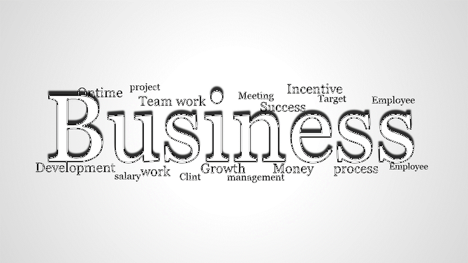 Word cloud centered around the word Business with related terms like growth, development, and success.