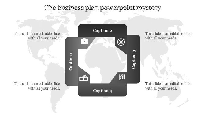 Business plan slide with a global map background and captions in a square layout, highlighting key strategy elements.