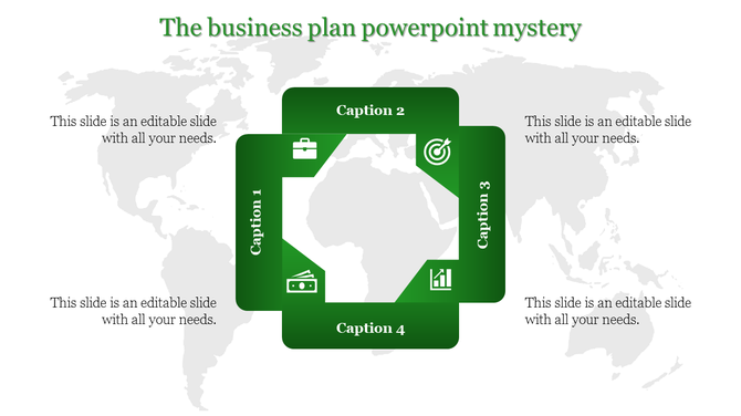Business plan PowerPoint slide featuring a green square graphic with icons and captions over a world map.