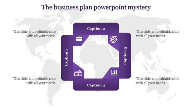 Business plan PowerPoint slide featuring a purple square graphic with icons and captions over a world map.