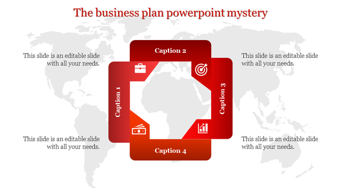 Business plan PowerPoint slide featuring a red square graphic with icons and captions over a world map.