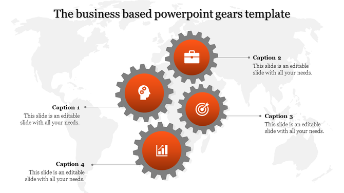 Business themed PowerPoint template featuring interconnected orange gears with icons and captions.