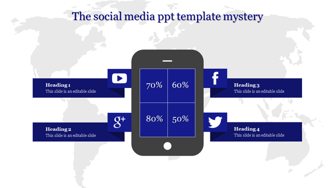Social media PPT slide with icons for YouTube, Google+, Facebook, and Twitter displayed on a world map background.