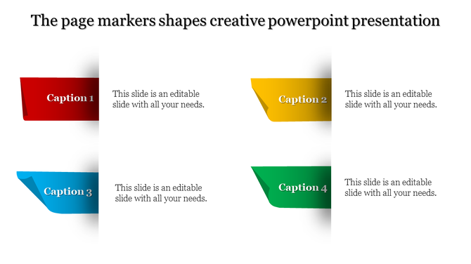 Creative PowerPoint template with colorful page marker shapes in red, yellow, blue, and green, each labeled with captions.