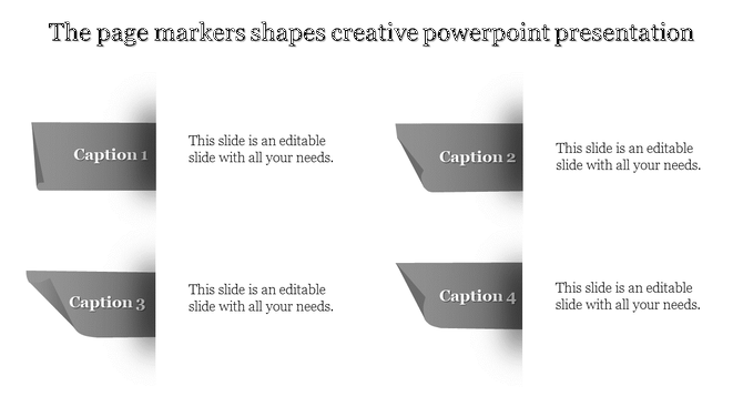 Creative PowerPoint template showcasing a grayscale theme with four page markers and text sections.
