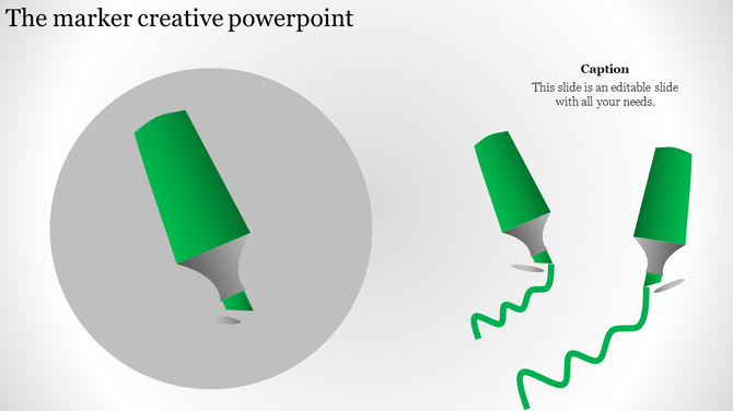 Creative PowerPoint slide featuring a green marker illustration with a circular focus and wavy green lines on the side.