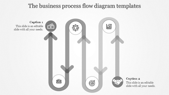 Gray themed business process flow diagram with vertical arrows and circular icons representing different steps.
