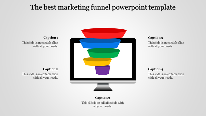 Colorful marketing funnel PowerPoint template displayed on a computer screen with five captions surrounding it.
