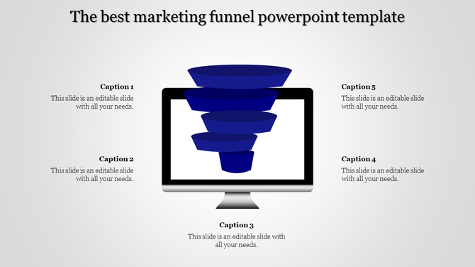 Marketing funnel PowerPoint template featuring a blue layered funnel inside a monitor graphic with surrounding captions.