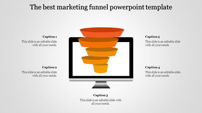 Marketing funnel PowerPoint template with an orange gradient funnel displayed on a monitor graphic, surrounded by captions.