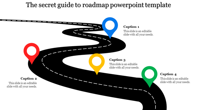 Curved roadmap slide with a winding road design and four colorful location markers for text captions.