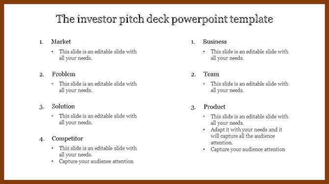 Investor pitch deck slide listing key sections market, problem, solution, competitor, business, team, and product with text.