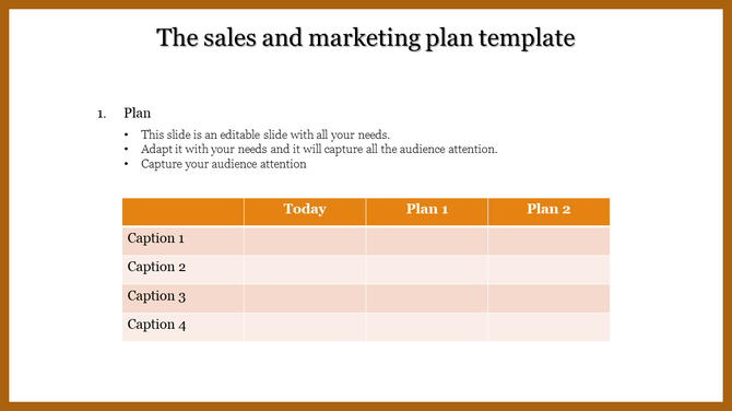 Sales and marketing plan template with a table layout for today, plans 1, and 2 with captions.