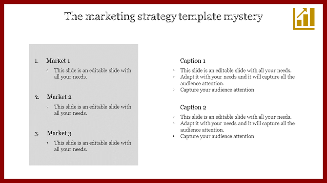 Template showing three numbered markets and two caption sections with bullet points on a white background.