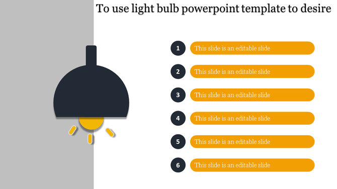 Illustrative light bulb design paired with six orange captions on a split grey white background.