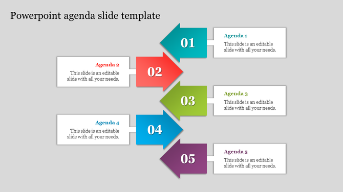 Agenda PPT slide with five colorful numbered arrows pointing to text boxes for each agenda item.