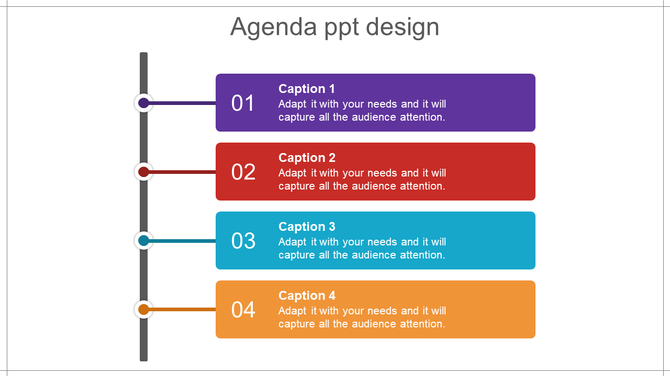 Agenda slide with a vertical timeline and four colorful blocks labeled 01 to 04, each containing a text area.
