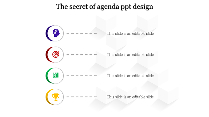 Four agenda points featuring circular icons in purple, red, green, and yellow, connected to text areas with dashed lines.