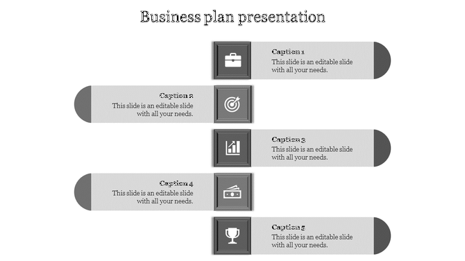 Colorful business plan PowerPoint template with gray icons briefcase, target, growth, financials, and trophy with captions.