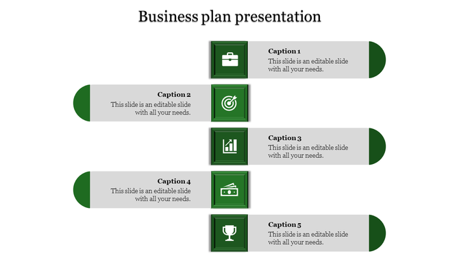 Business plan slide with five rows, featuring green icons in square frames, and captions inside horizontal rectangles.