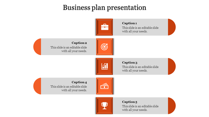 Business plan slide with five horizontal banner sections, each featuring a orannge framed icon, caption area, and endpoints.