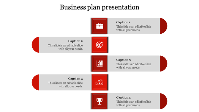 Business plan layout showcasing five red  square icons with corresponding captions in rectangular sections.