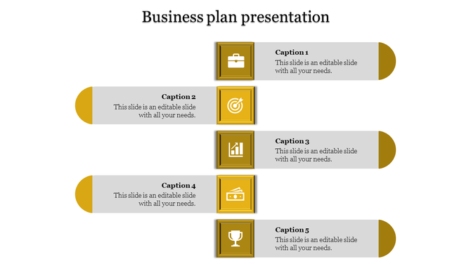 Business plan slide with five banner sections, each featuring a yellow framed icon, caption area, and endpoints.