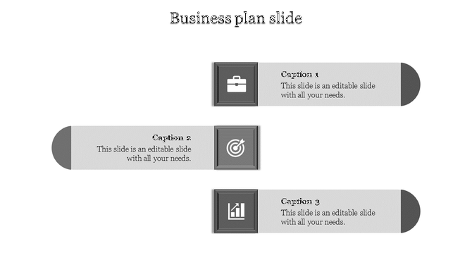 Minimalist business plan template with grayscale framed icons and rounded text boxes, symbolizing key business elements.