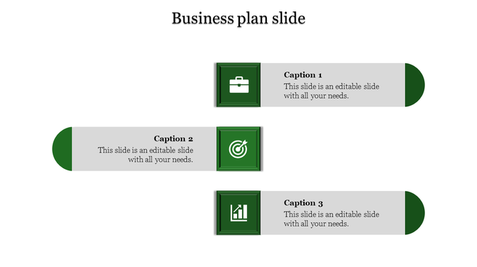 Business plan slide with green themed icons briefcase, target, and bar chart with captions.